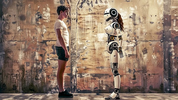 A man in his underwear looking lustfully at a robot.