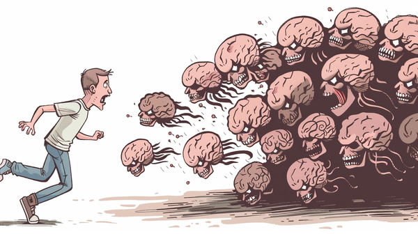 A man being chased by angry brains